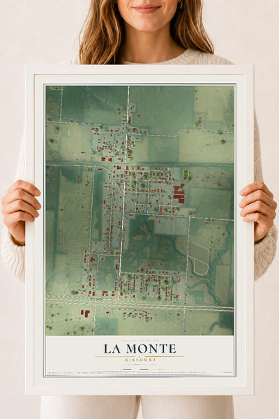 Map of La Monte, Missouri, 18 x 24 inch print in a white wood frame