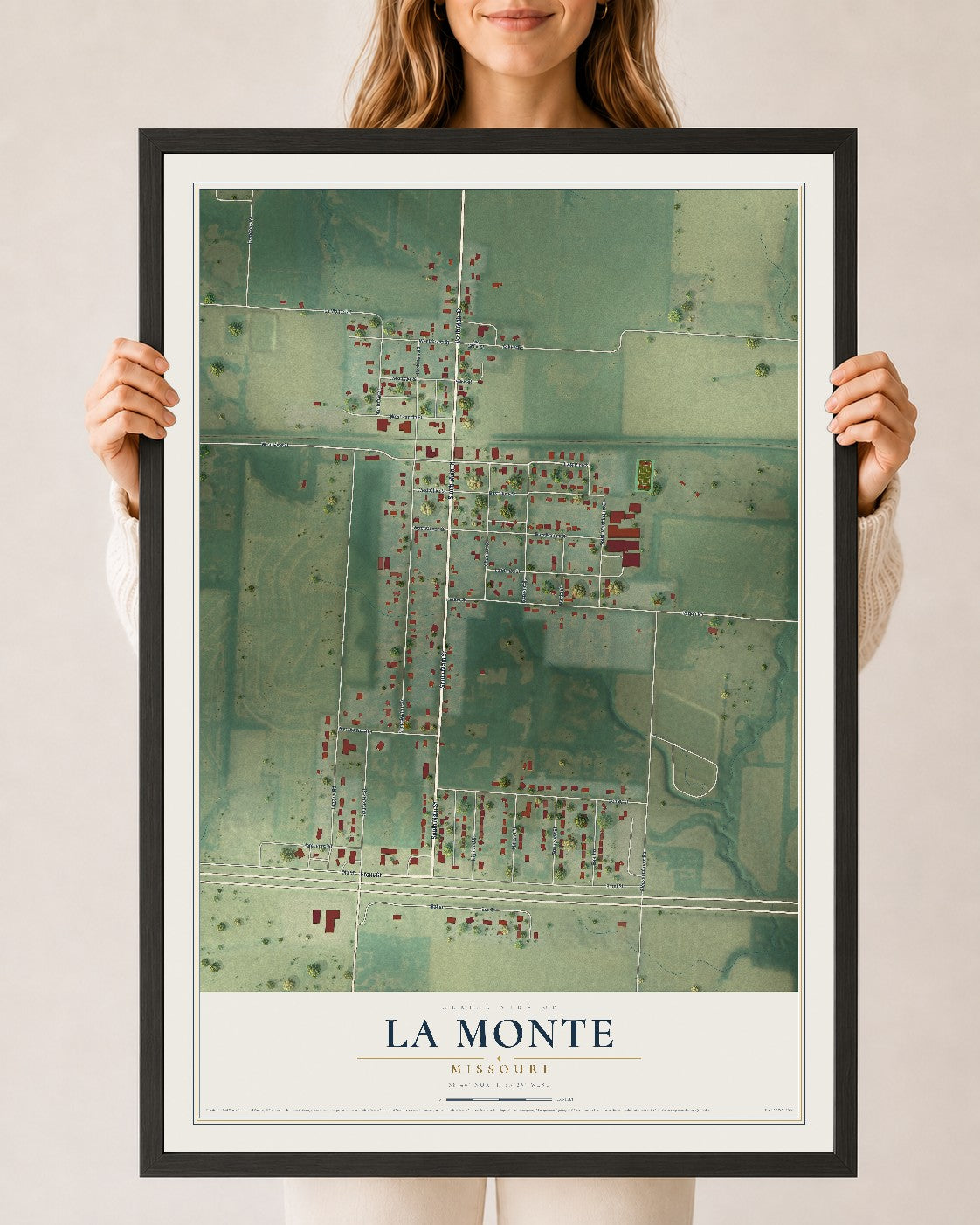 Map of La Monte, Missouri, 24 x 36 inch print in a black wood frame