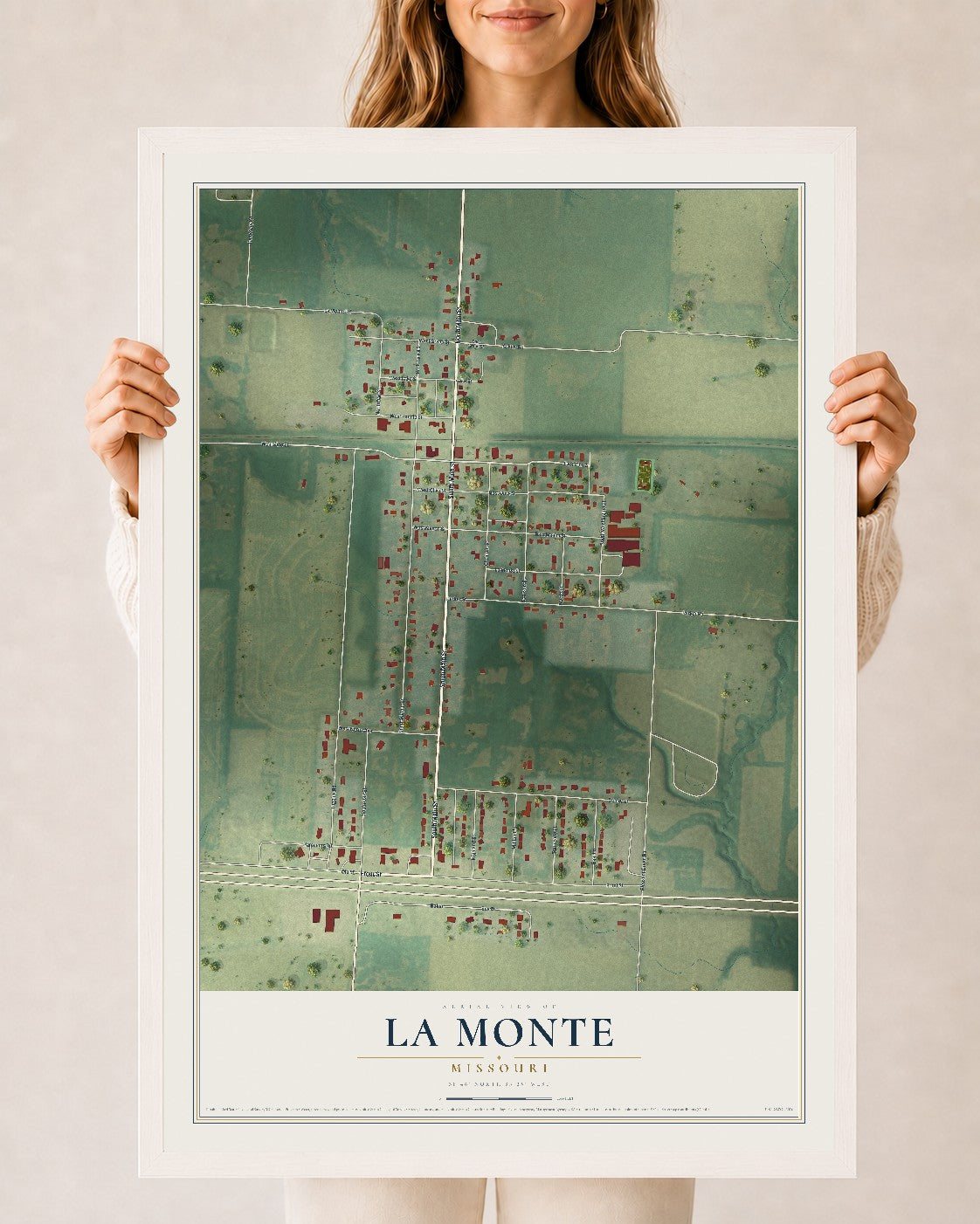 Map of La Monte, Missouri, 24 x 36 inch print in a white wood frame