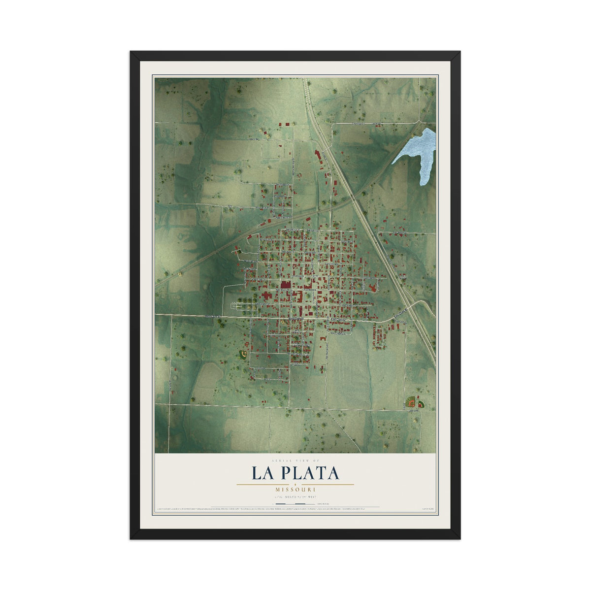 Map of La Plata, Missouri, 12 x 18 inch print in a black wood frame