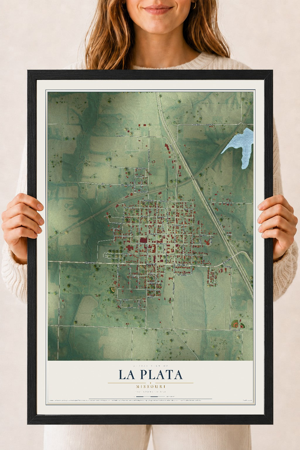 Map of La Plata, Missouri, 18 x 24 inch print in a black wood frame