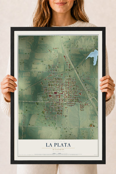Map of La Plata, Missouri, 18 x 24 inch print in a black wood frame