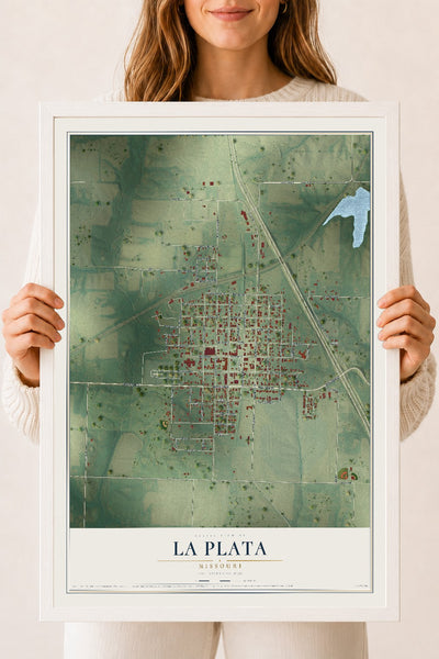 Map of La Plata, Missouri, 18 x 24 inch print in a white wood frame