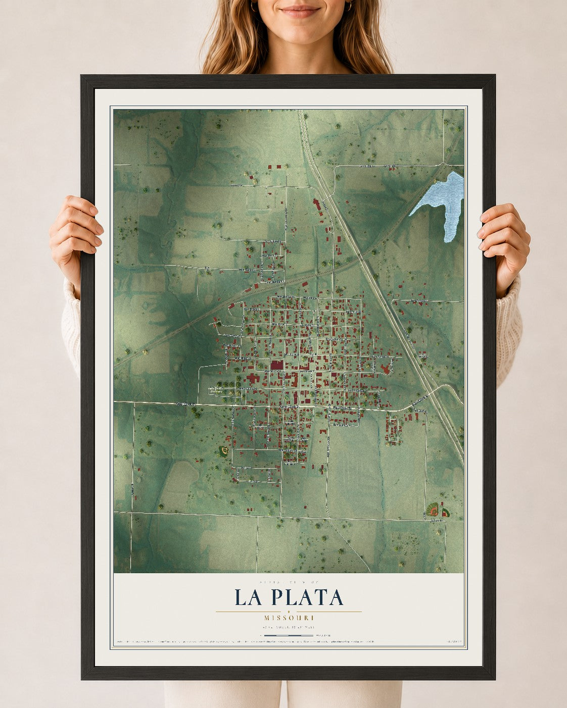Map of La Plata, Missouri, 24 x 36 inch print in a black wood frame