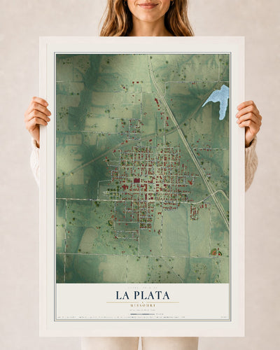 Map of La Plata, Missouri, 24 x 36 inch print in a white wood frame