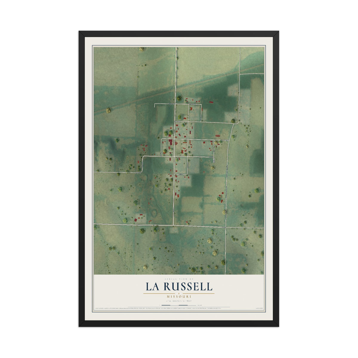 Map of La Russell, Missouri, 12 x 18 inch print in a black wood frame