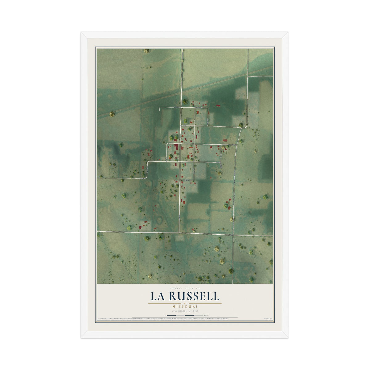 Map of La Russell, Missouri, 12 x 18 inch print in a white wood frame
