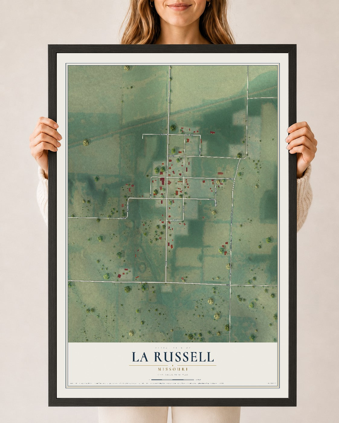 Map of La Russell, Missouri, 24 x 36 inch print in a black wood frame