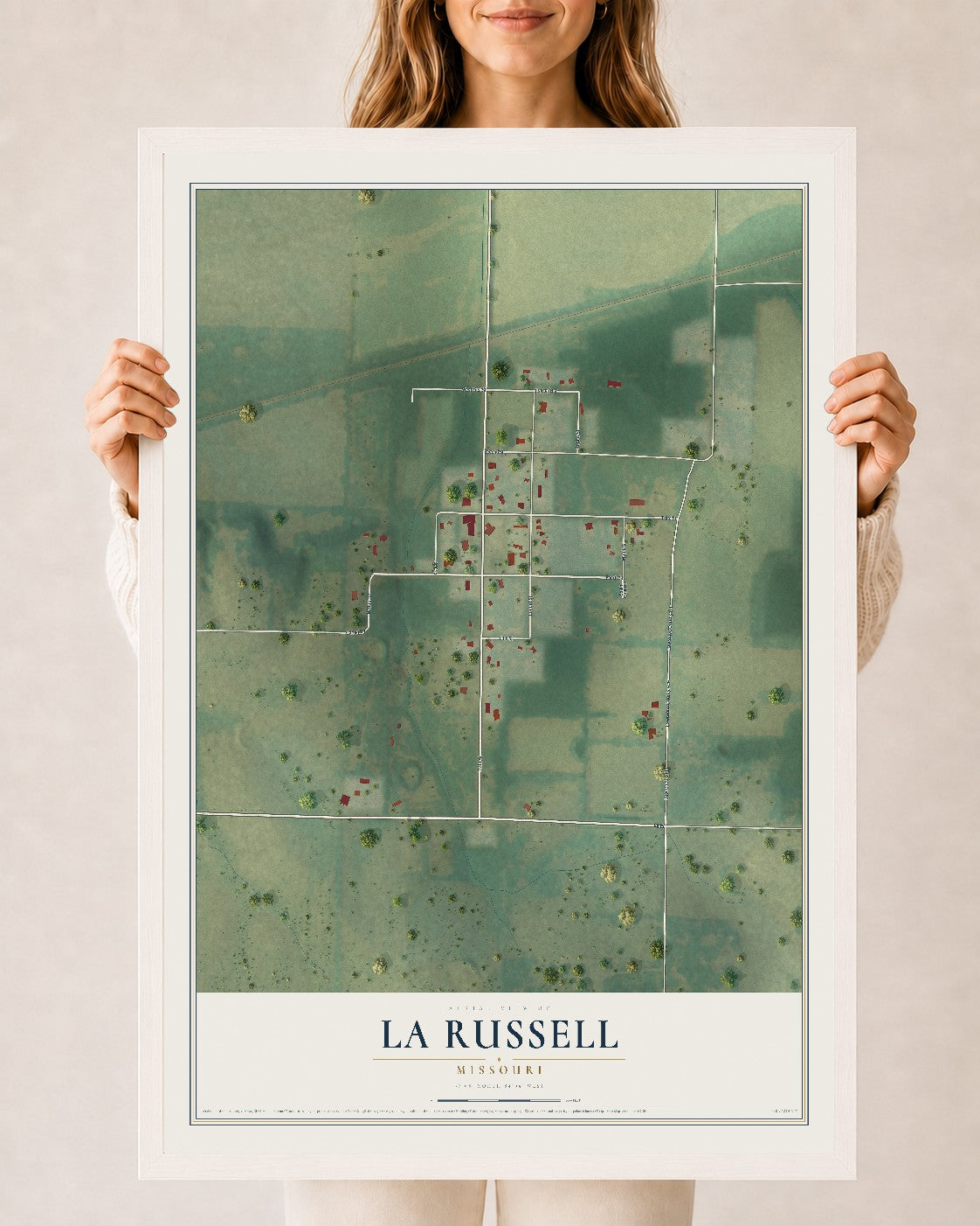 Map of La Russell, Missouri, 24 x 36 inch print in a white wood frame