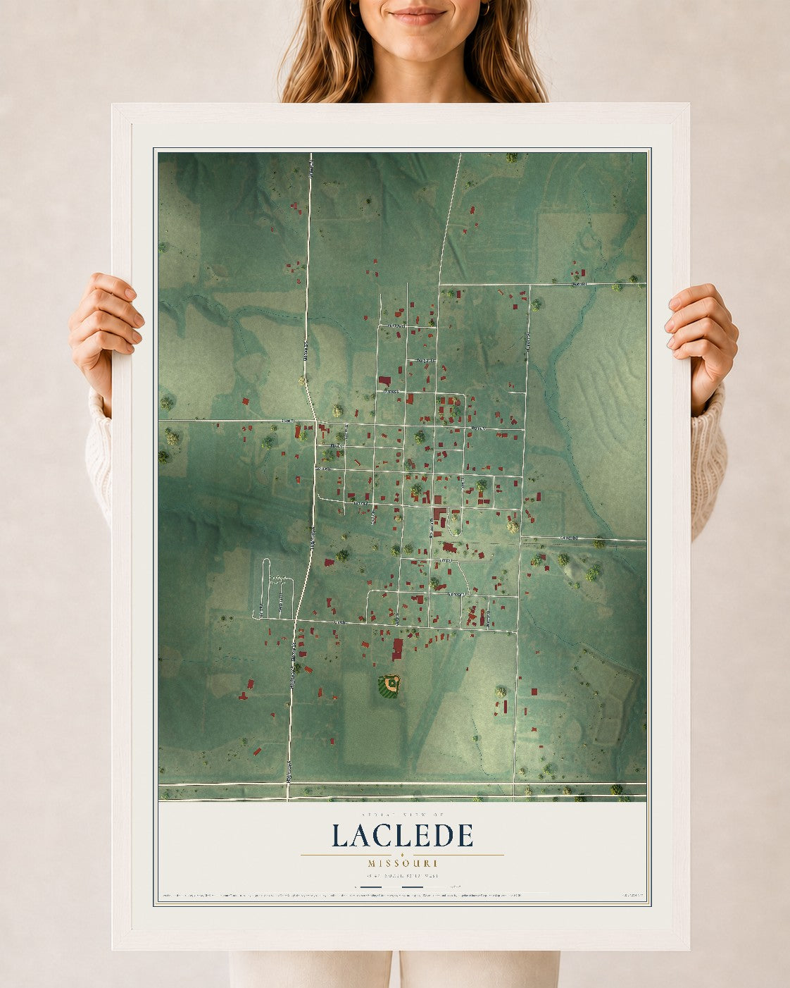 Map of Laclede, Missouri, 24 x 36 inch print in a white wood frame