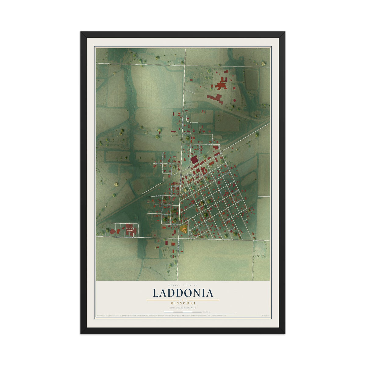 Map of Laddonia, Missouri, 12 x 18 inch print in a black wood frame