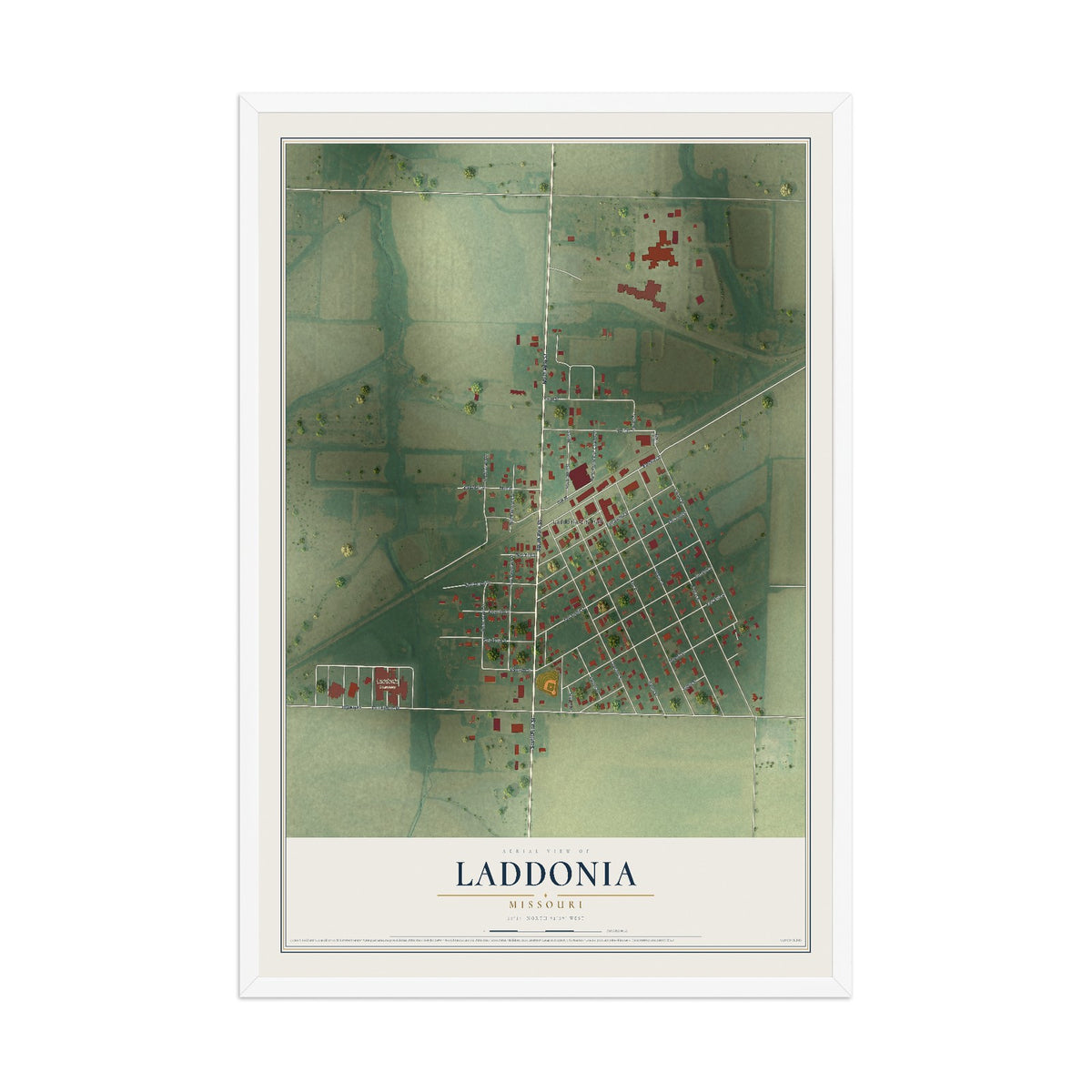 Map of Laddonia, Missouri, 12 x 18 inch print in a white wood frame