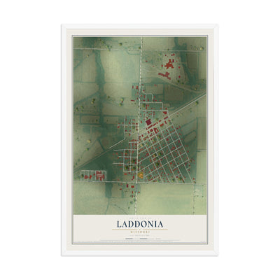 Map of Laddonia, Missouri, 12 x 18 inch print in a white wood frame