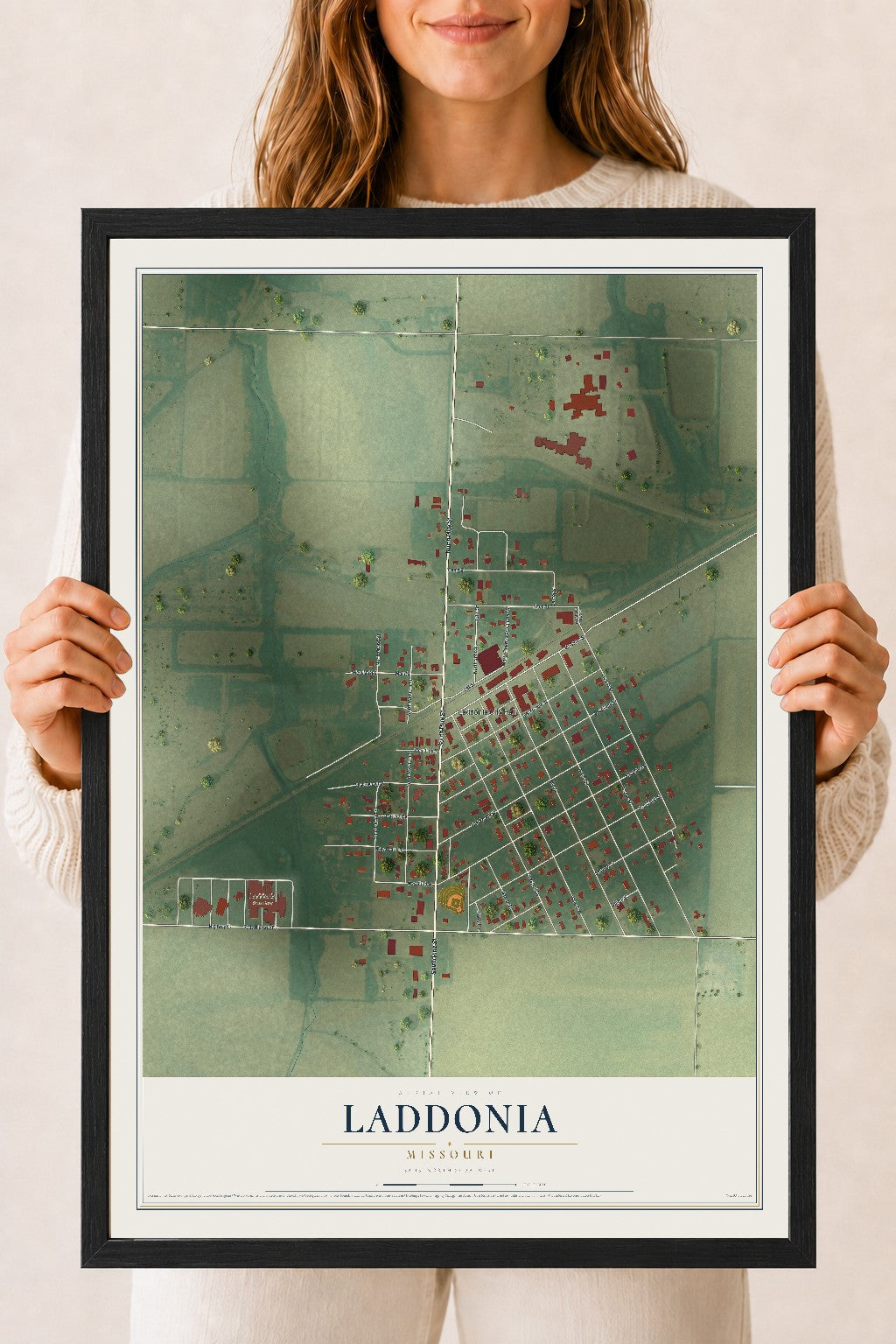 Map of Laddonia, Missouri, 18 x 24 inch print in a black wood frame