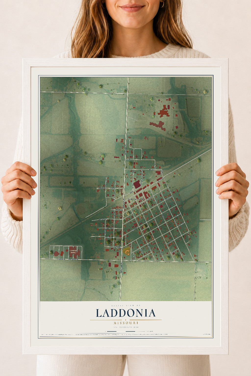 Map of Laddonia, Missouri, 18 x 24 inch print in a white wood frame