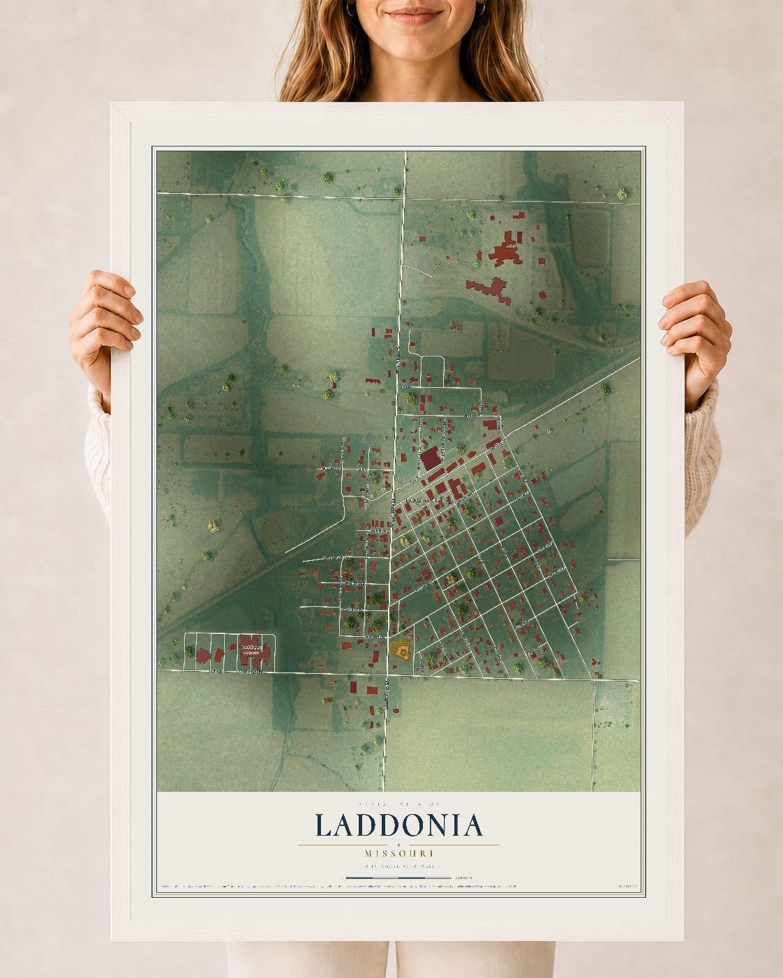 Map of Laddonia, Missouri, 24 x 36 inch print in a white wood frame