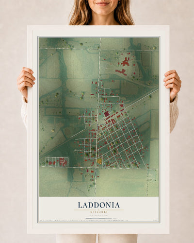 Map of Laddonia, Missouri, 24 x 36 inch print in a white wood frame