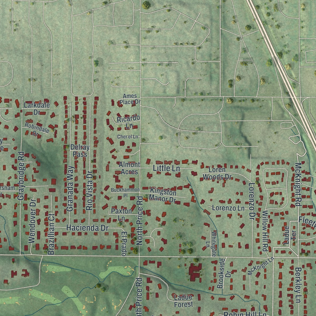 Second close-up of the map of Ladue, Missouri print showing more streets and buildings