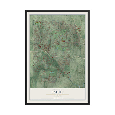 Map of Ladue, Missouri, 12 x 18 inch print in a black wood frame