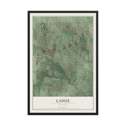 Map of Ladue, Missouri, 12 x 18 inch print in a black wood frame