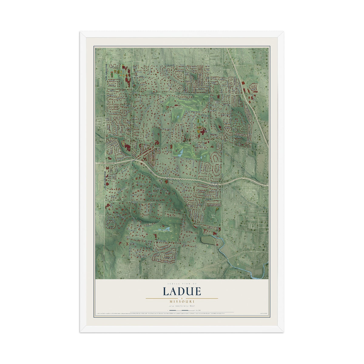Map of Ladue, Missouri, 12 x 18 inch print in a white wood frame