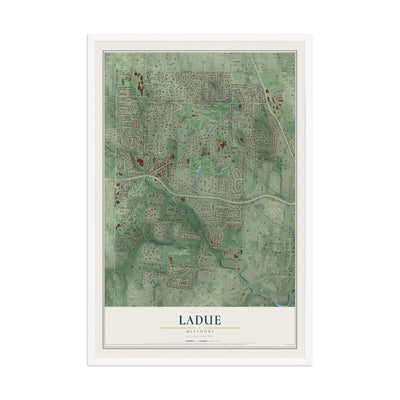 Map of Ladue, Missouri, 12 x 18 inch print in a white wood frame