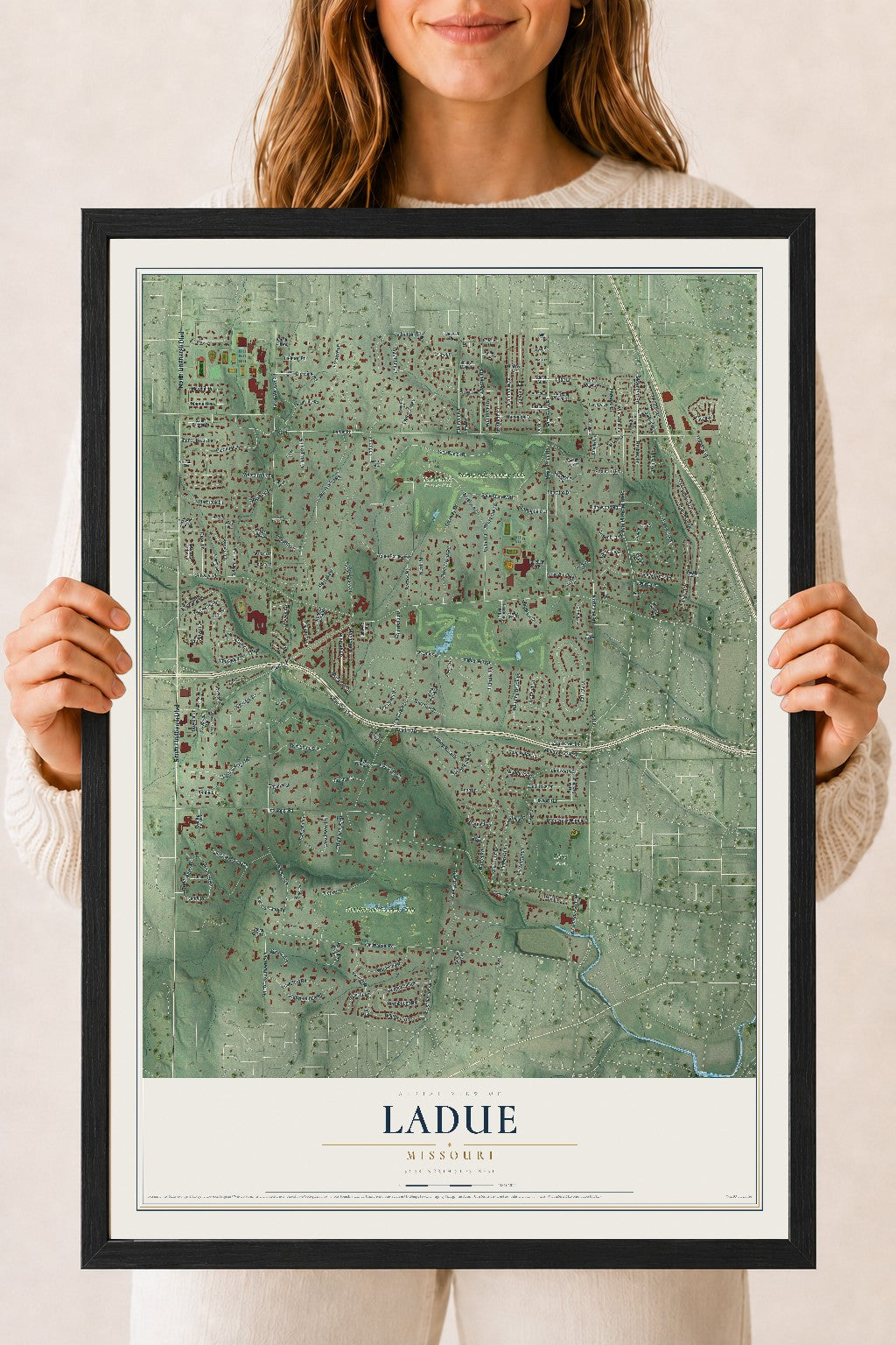 Map of Ladue, Missouri, 18 x 24 inch print in a black wood frame