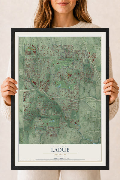 Map of Ladue, Missouri, 18 x 24 inch print in a black wood frame