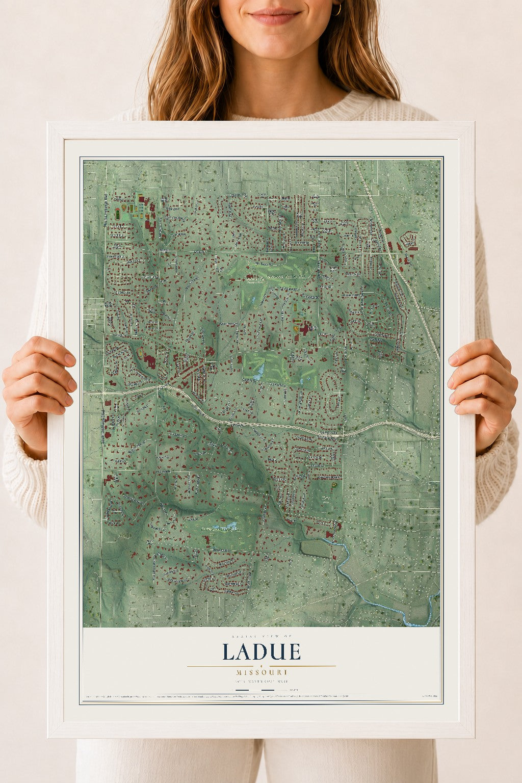 Map of Ladue, Missouri, 18 x 24 inch print in a white wood frame