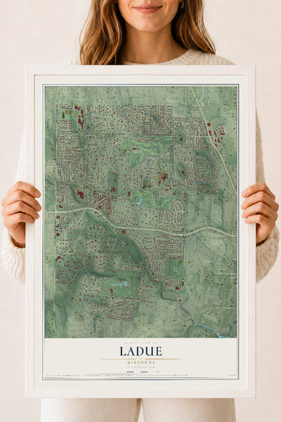 Map of Ladue, Missouri, 18 x 24 inch print in a white wood frame