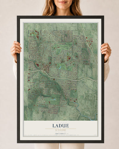 Map of Ladue, Missouri, 24 x 36 inch print in a black wood frame