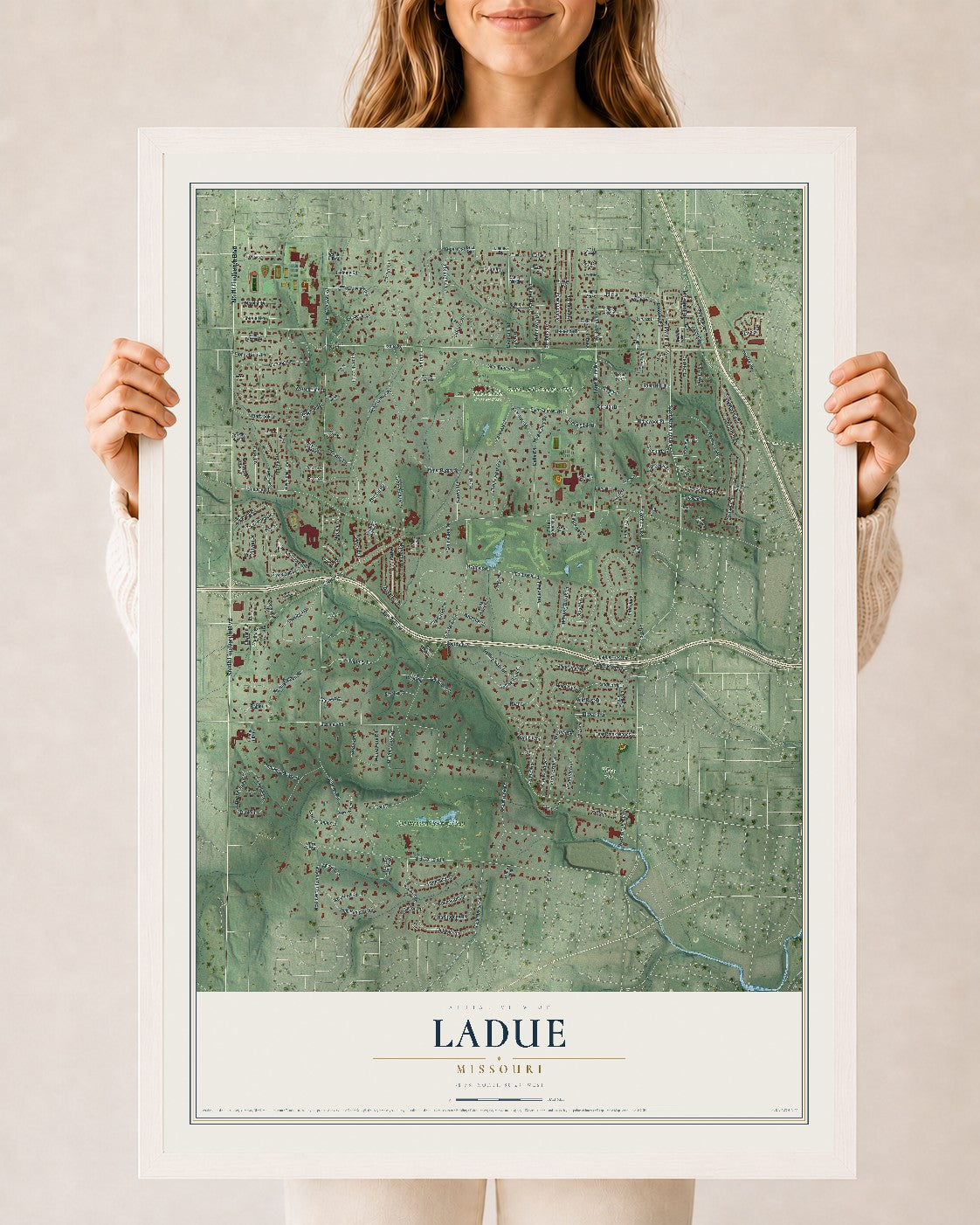 Map of Ladue, Missouri, 24 x 36 inch print in a white wood frame