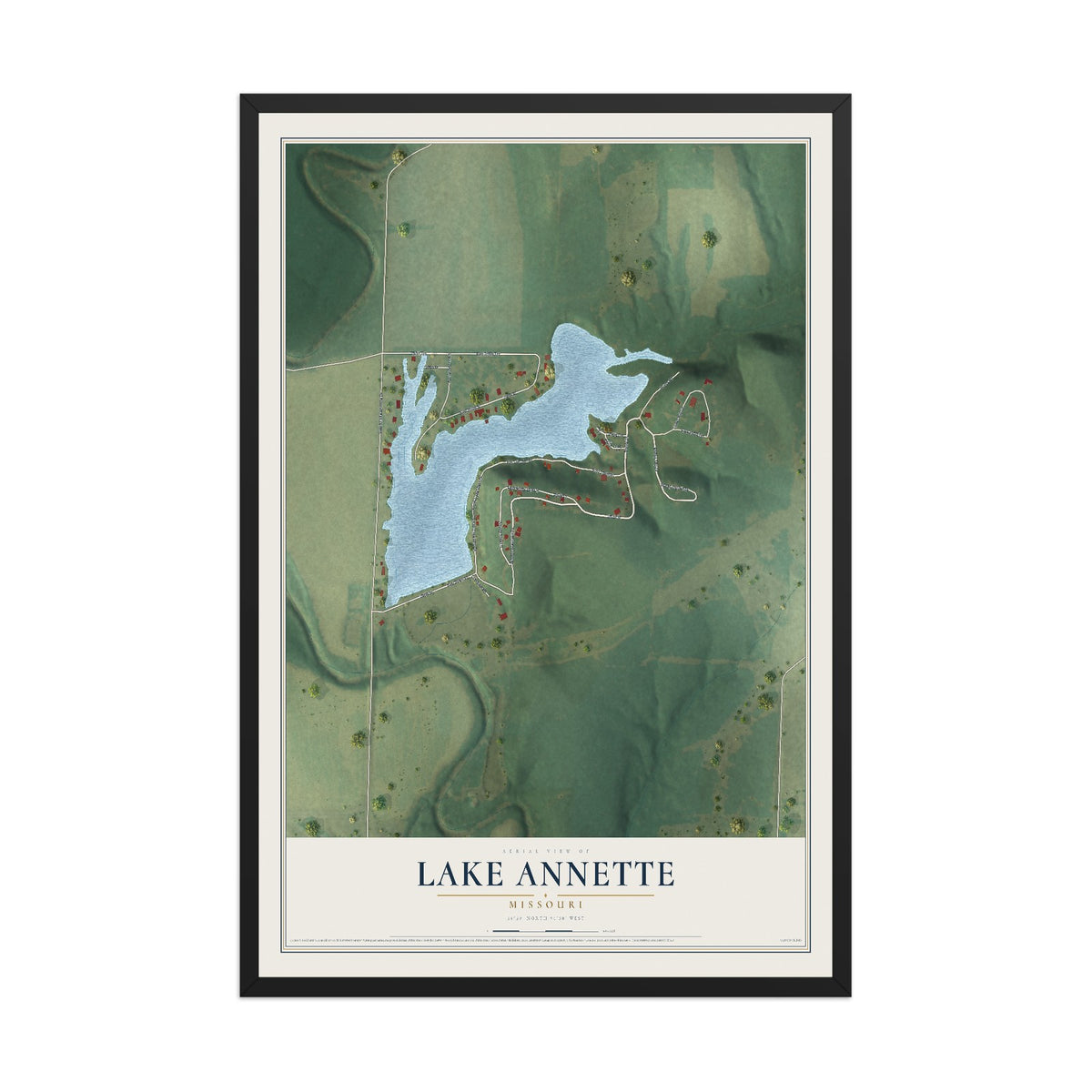 Map of Lake Annette, Missouri, 12 x 18 inch print in a black wood frame