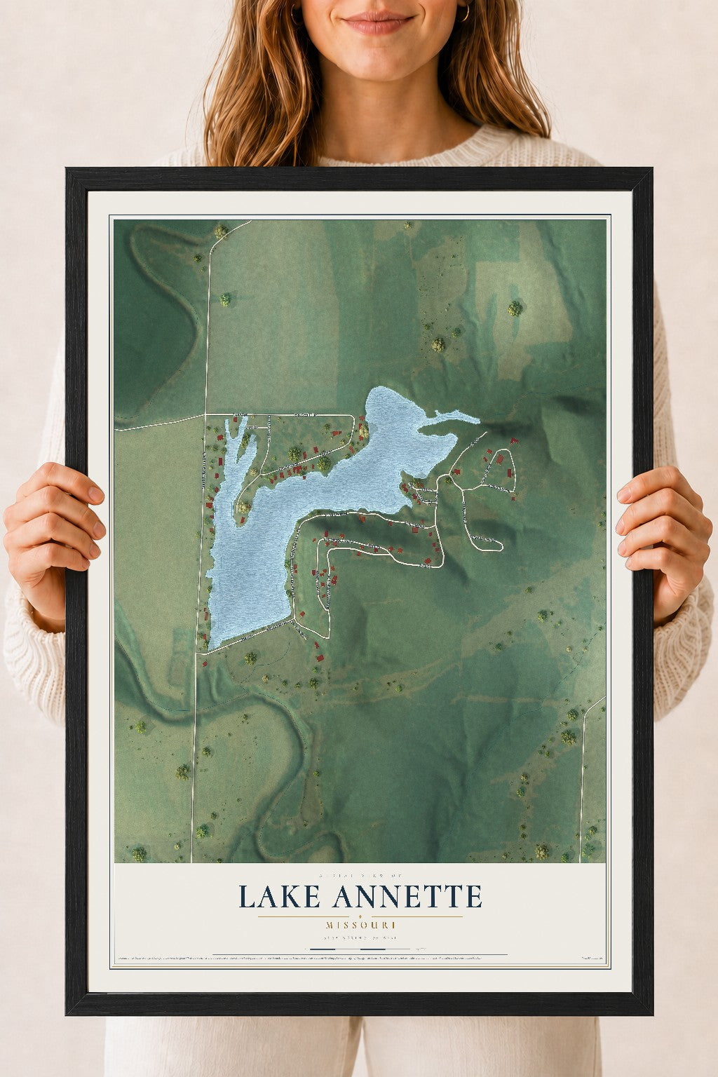 Map of Lake Annette, Missouri, 18 x 24 inch print in a black wood frame