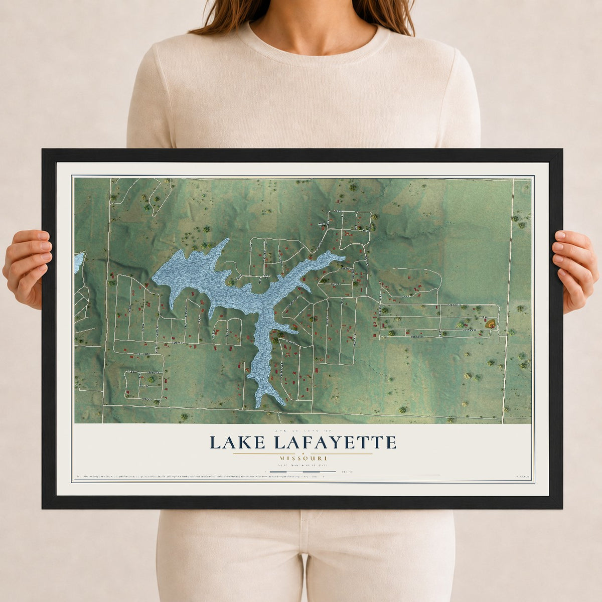 Map of Lake Lafayette, Missouri, 12 x 18 inch print in a black wood frame