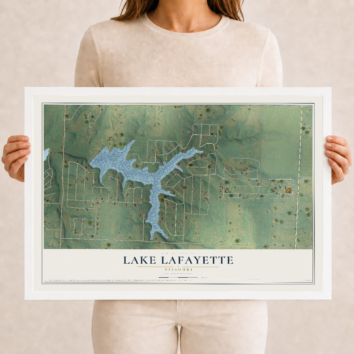 Map of Lake Lafayette, Missouri, 12 x 18 inch print in a white wood frame