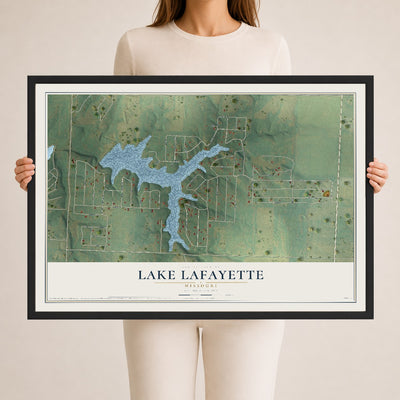 Map of Lake Lafayette, Missouri, 24 x 36 inch print in a black wood frame