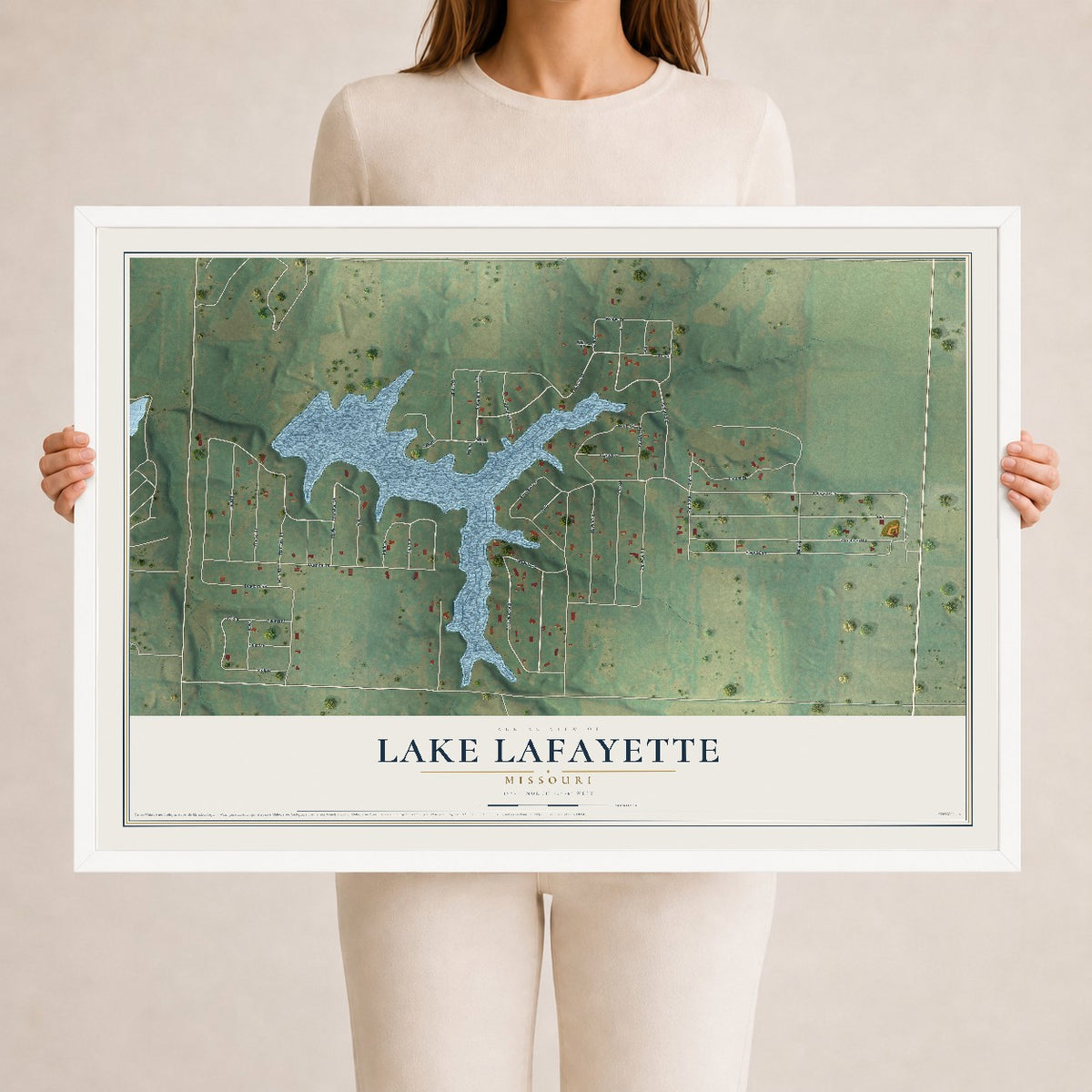 Map of Lake Lafayette, Missouri, 24 x 36 inch print in a white wood frame