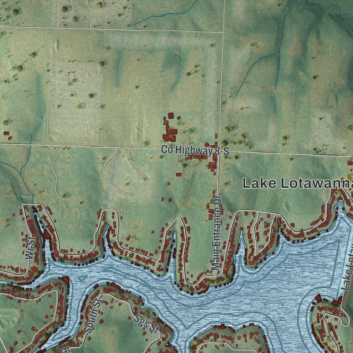 Close-up of the map of Lake Lotawana, Missouri print showing street and building detail