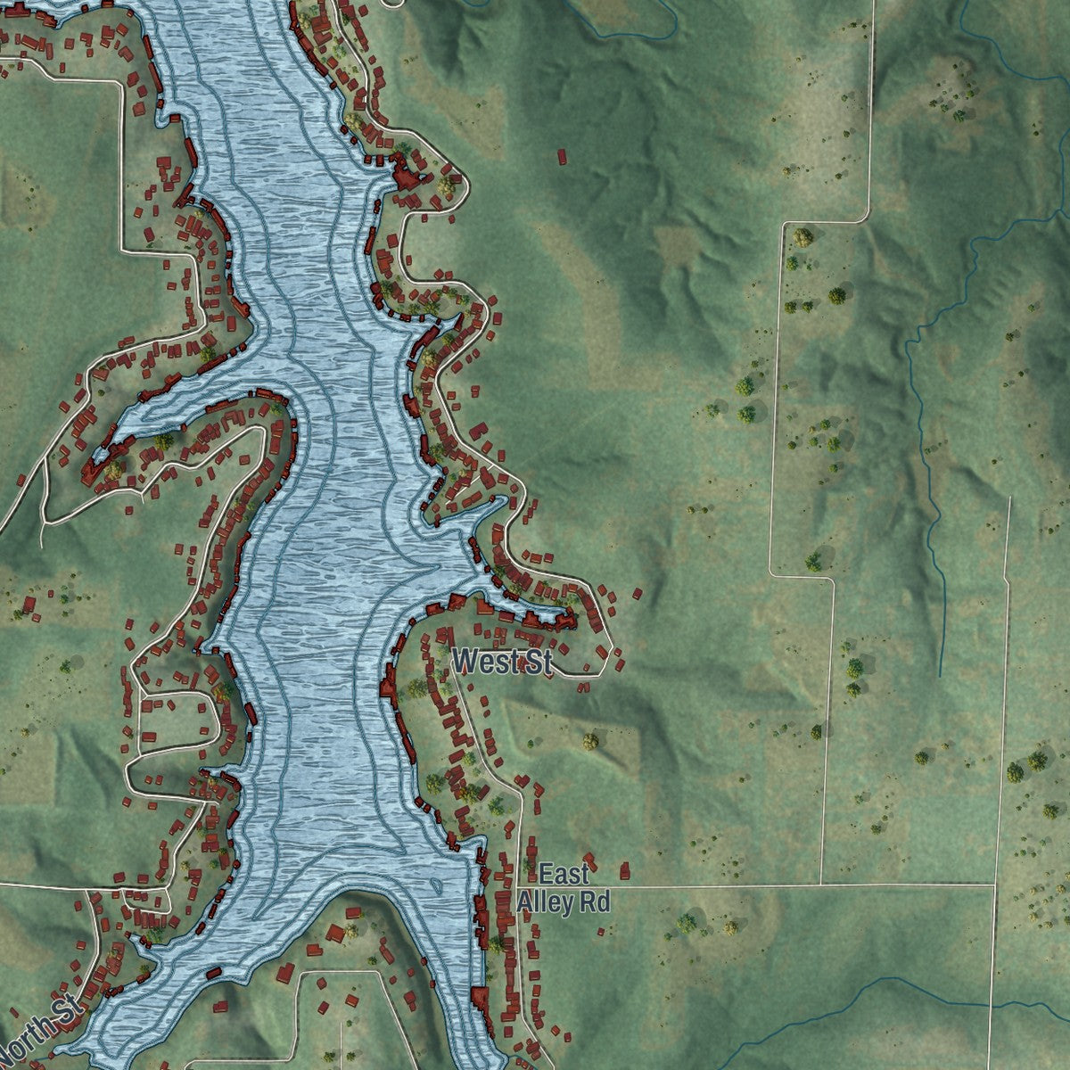 Second close-up of the map of Lake Lotawana, Missouri print showing more streets and buildings
