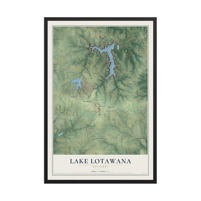 Map of Lake Lotawana, Missouri, 12 x 18 inch print in a black wood frame