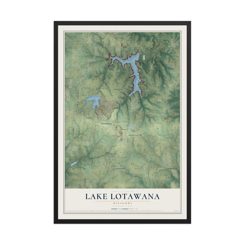 Map of Lake Lotawana, Missouri, 12 x 18 inch print in a black wood frame