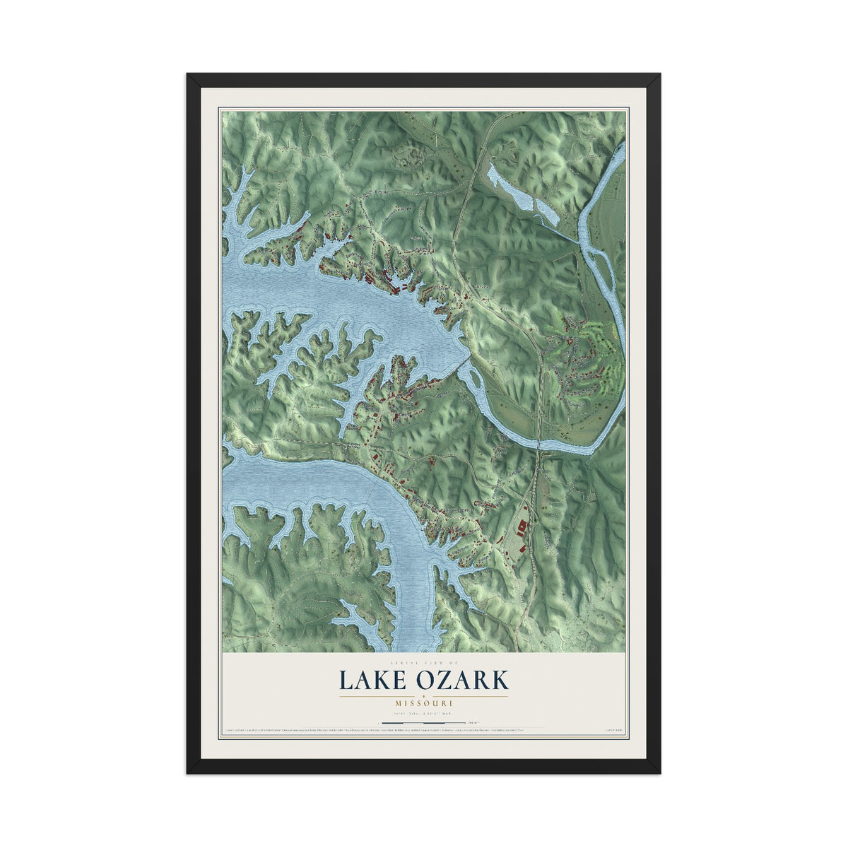 Map of Lake Ozark, Missouri, 12 x 18 inch print in a black wood frame