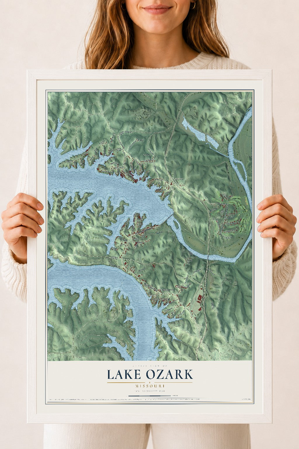 Map of Lake Ozark, Missouri, 18 x 24 inch print in a white wood frame