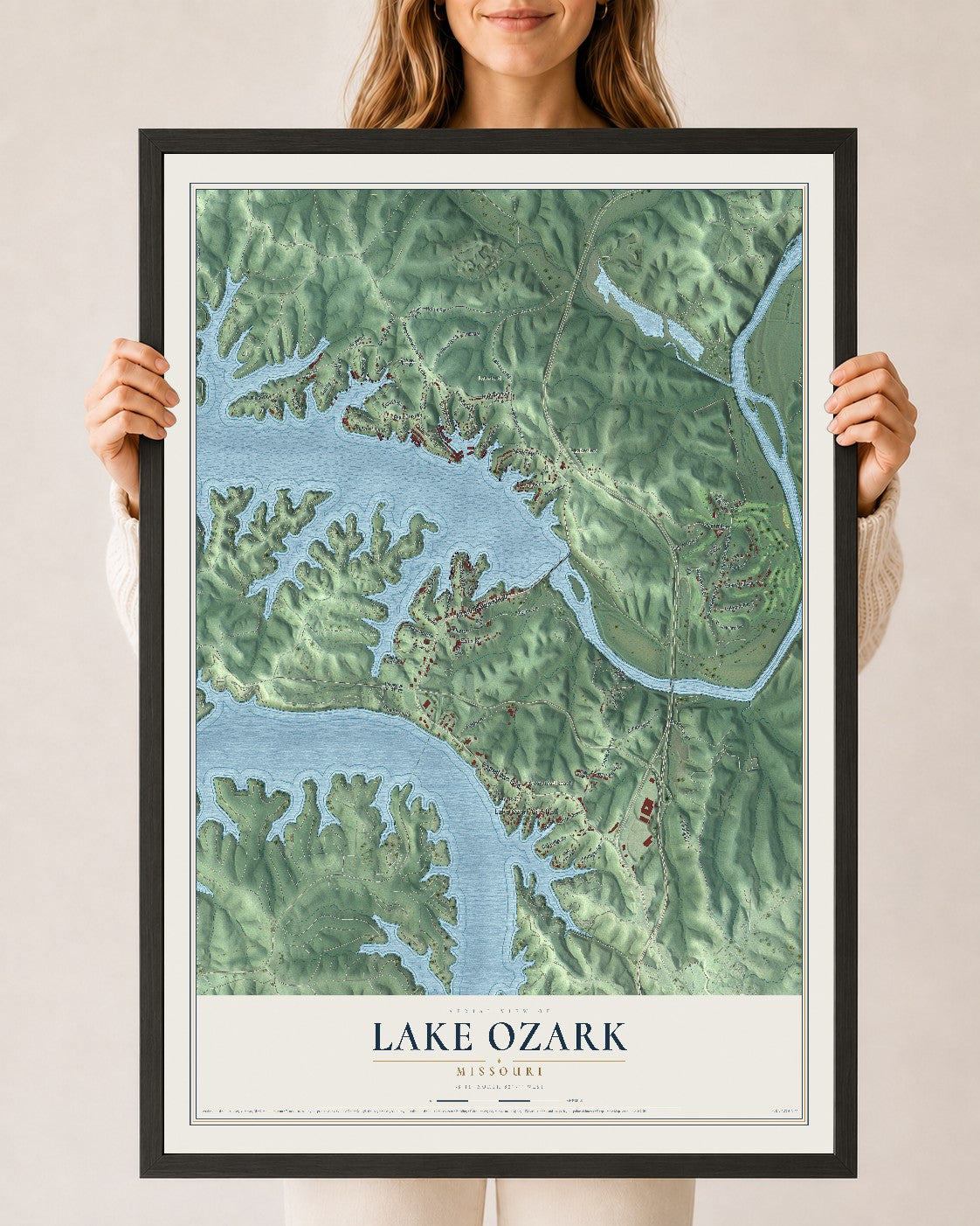 Map of Lake Ozark, Missouri, 24 x 36 inch print in a black wood frame