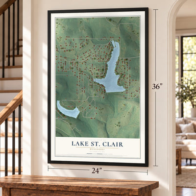 Lake St. Clair, Missouri map, 24 x 36 inch print in a black frame by a staircase