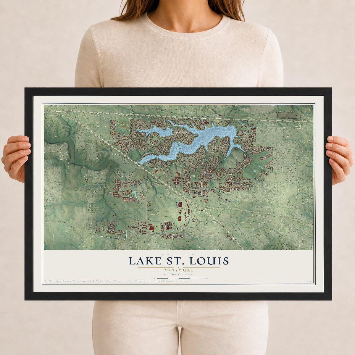 Map of Lake St. Louis, Missouri, 12 x 18 inch print in a black wood frame