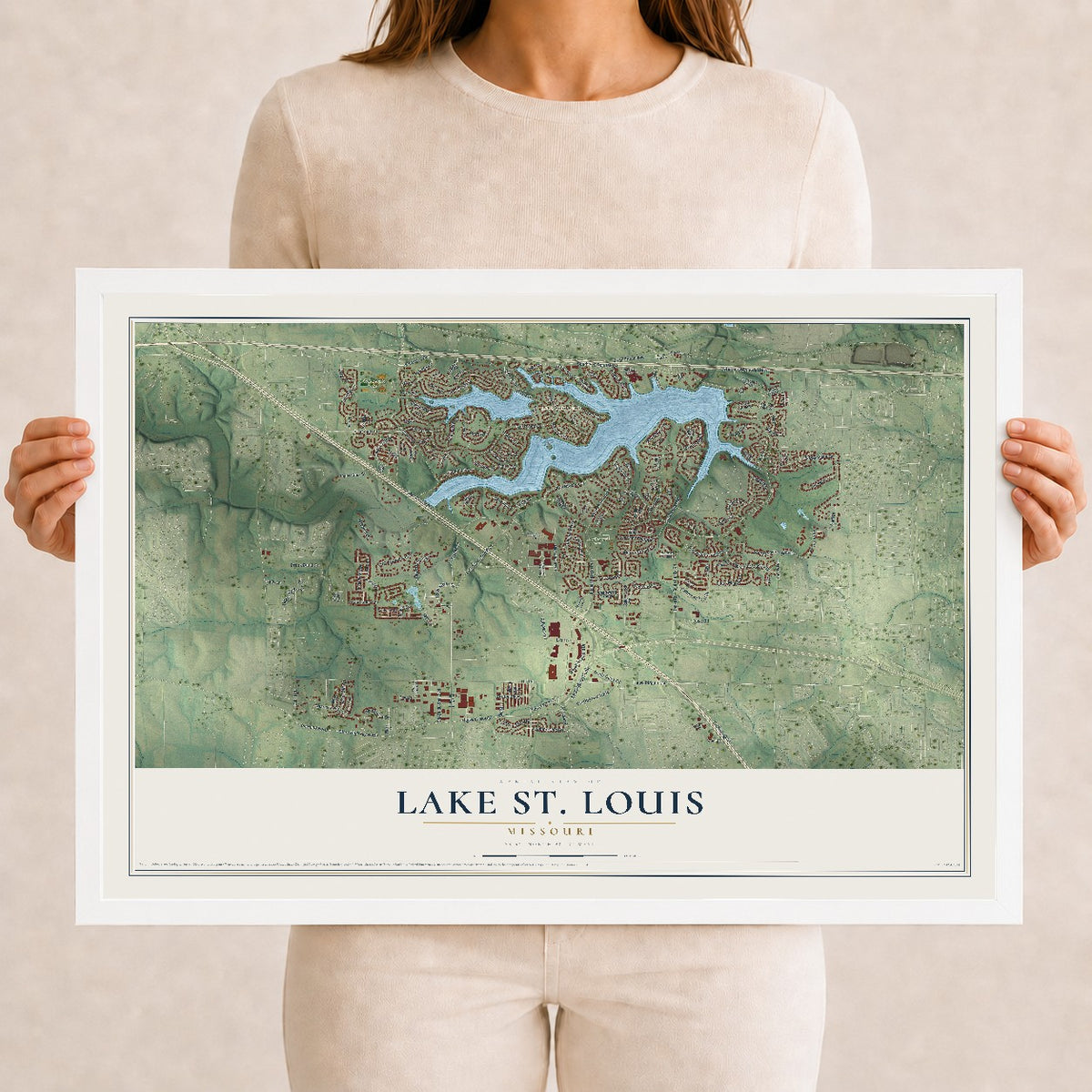 Map of Lake St. Louis, Missouri, 12 x 18 inch print in a white wood frame