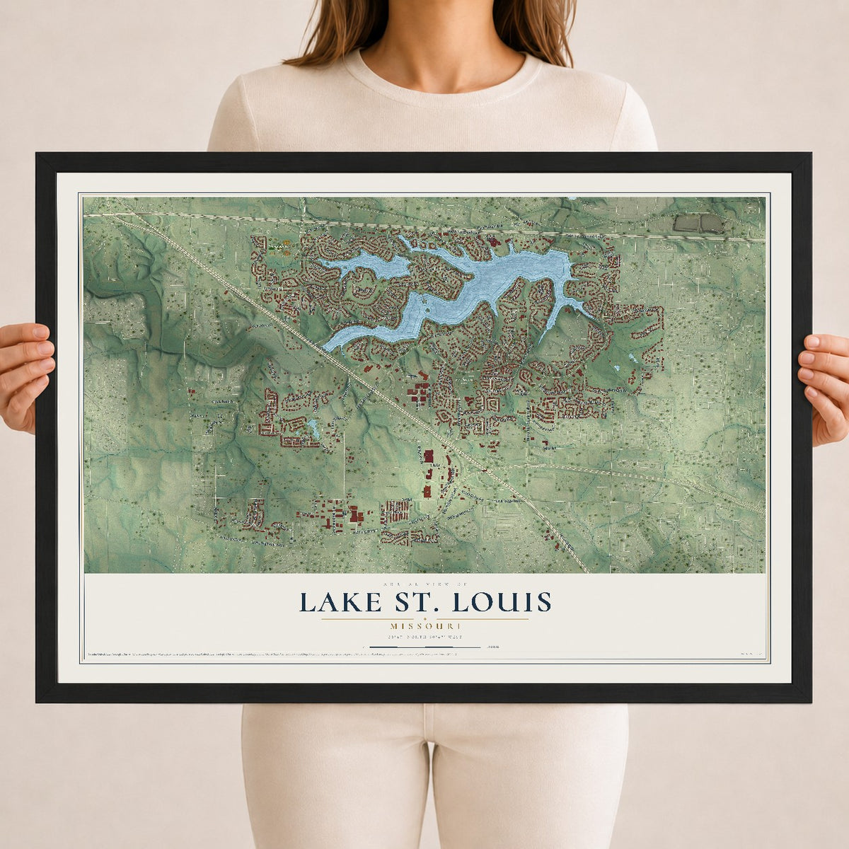 Map of Lake St. Louis, Missouri, 18 x 24 inch print in a black wood frame