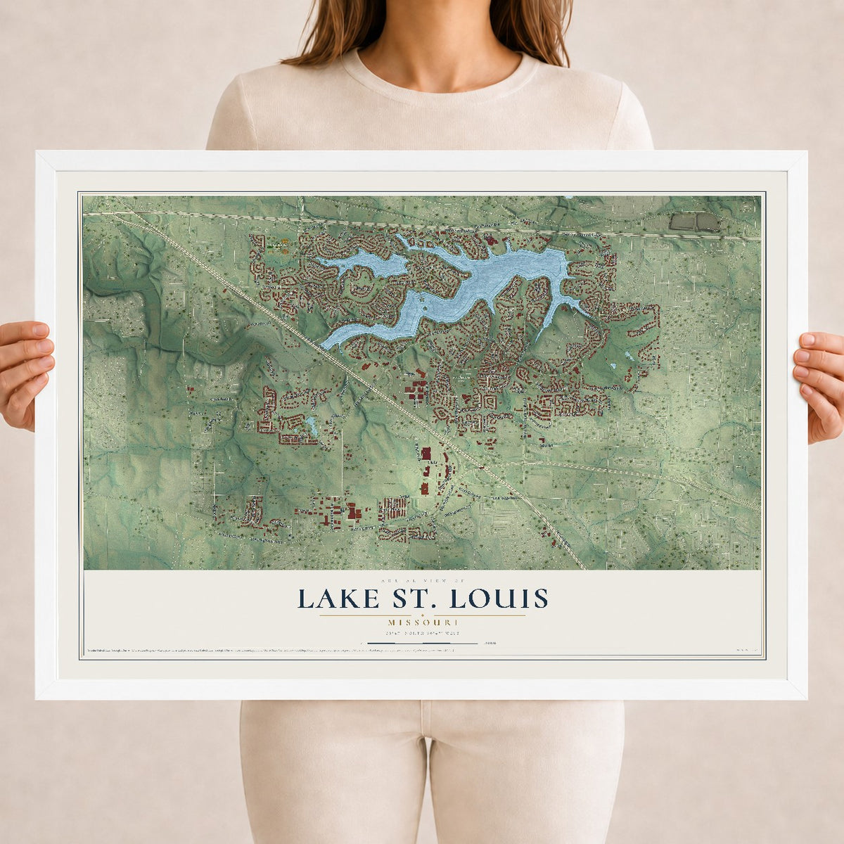 Map of Lake St. Louis, Missouri, 18 x 24 inch print in a white wood frame